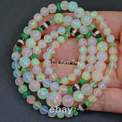 5.1-10.3mm 18k White Gold Natural Opal Round Bead Emerald Diamond 24 necklace