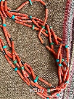 5 strand coral, turquoise and silver bead necklace