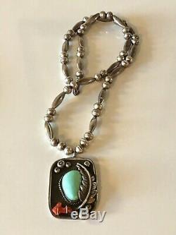60s Old Pawn 25 Sterling Silver Turquoise Coral Pendant Bench Bead Necklace 925