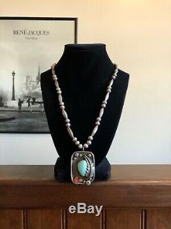 60s Old Pawn 25 Sterling Silver Turquoise Coral Pendant Bench Bead Necklace 925