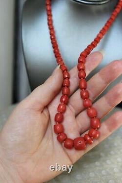 64gr Antique Faceted Red Coral Necklace Natural Undyed Beads Gold Clasp 750