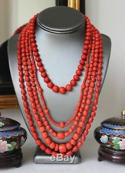 64gr Antique Faceted Red Coral Necklace Natural Undyed Beads Gold Clasp 750