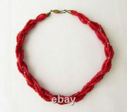 6 Multi Strand Oxblood Red Natural Coral Seed Bead Necklace Choker Vintage