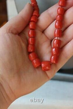 76gr Antique Faceted Red Coral Necklace Natural Undyed Beads Gold Clasp 18K