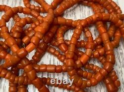 82gr Antique Salmon Coral Necklace Natural Undyed Barrel Shape Beads 1850-1870