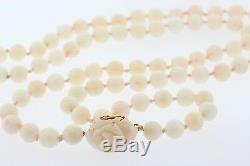 8.5 to 8.8mm Angel Skin Coral Bead 31 inch Necklace with Carved Rose & 14k Locket