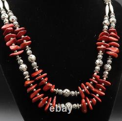 925 Silver Vintage Engraved Bead Ball & Coral Layered Necklace NE3876