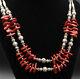 925 Silver Vintage Engraved Bead Ball & Coral Layered Necklace Ne3876