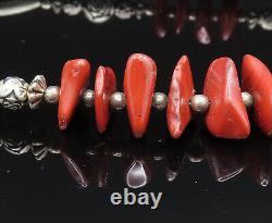 925 Silver Vintage Engraved Bead Ball & Coral Layered Necklace NE3876