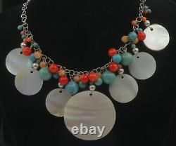 925 Silver Vintage Mother Of Pearl Turquoise & Coral Beaded Necklace NE2033