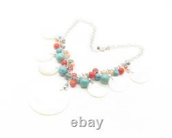 925 Silver Vintage Mother Of Pearl Turquoise & Coral Beaded Necklace NE2033