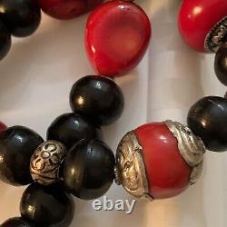 925 Sterling Silver Coral Black Onyx Lapis Rolo Bead Carved Bali Style Necklace