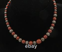 925 Sterling Silver Vintage Coral & Turquoise Beaded Chain Necklace NE3490