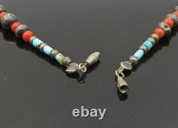 925 Sterling Silver Vintage Coral & Turquoise Beaded Chain Necklace NE3490