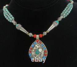 925 Sterling Silver Vintage Turquoise & Coral Beaded Chain Necklace NE1254