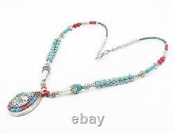 925 Sterling Silver Vintage Turquoise & Coral Beaded Chain Necklace NE1254