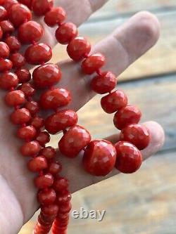 93 gr. Antique Faceted Red Coral Necklace Natural Undyed Beads Clasp Gold