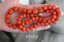 93gr Antique Natural Large Coral Necklace Natural Undyed Beads Gold Clasp 14k