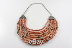 ANTIQUE 19th Century TIBETAN UNDYED NATURAL RED CORAL BEAD SILVER NECKLACE