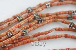 ANTIQUE 19th Century TIBETAN UNDYED NATURAL RED CORAL BEAD SILVER NECKLACE