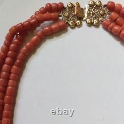 ANTIQUE 3-STRAND CORAL NECKLACE WITH LARGE DECORATED FILIGREE GOLD CLASP 105 gr