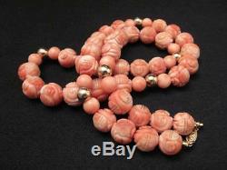 ANTIQUE CHINESE HANDCARVED NATURAL CORAL BEAD & 14K GOLD NECKLACE 25 106 gms