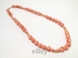 ANTIQUE CHINESE HANDCARVED NATURAL CORAL BEAD & 14K GOLD NECKLACE 25 106 gms