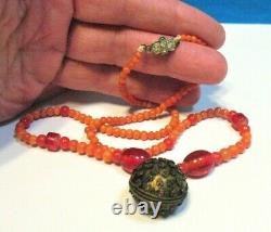 ANTIQUE CORAL GLASS BEAD NECKLACE With TALISMAN PENDANT HOLDER 17 17.5 GRAMS