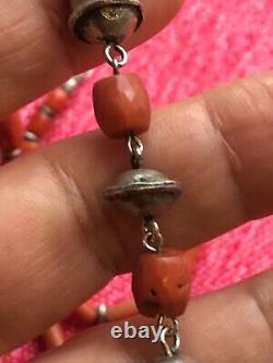 ANTIQUE Ethnic CORAL Silver BEAD NECKLACE 31.5gr