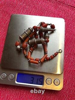 ANTIQUE Ethnic CORAL Silver BEAD NECKLACE 31.5gr
