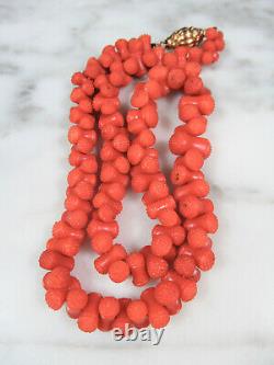 ANTIQUE GEORGIAN CARVED SALMON CORAL LARGE BEAD NECKLACE 18K GOLD CLASP 51.4g