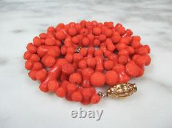 ANTIQUE GEORGIAN CARVED SALMON CORAL LARGE BEAD NECKLACE 18K GOLD CLASP 51.4g