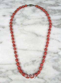 ANTIQUE GRADUATED SALMON CORAL BARREL BEAD NECKLACE 14K WHITE GOLD CLASP 38.2g