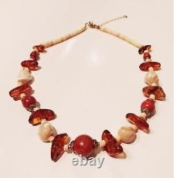 ANTIQUE JEWELRY Art Nouveau Precious Coral Amber & Mother of Pearl Bead Necklace