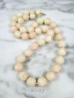 ANTIQUE NATURAL ANGEL SKIN CORAL CARVED BEADED NECKLACE 14K GOLD CLASP 70.5g
