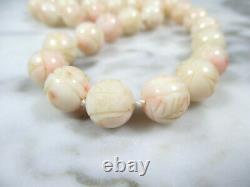 ANTIQUE NATURAL ANGEL SKIN CORAL CARVED BEADED NECKLACE 14K GOLD CLASP 70.5g