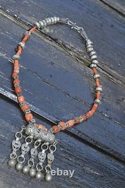 ANTIQUE Salmon RED undyed coral necklace China Tibet silver BUDDHIST Meditation
