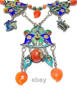ANTIQUE Sterling CHINESE Silver ENAMEL CORAL TURQ LAVALIER CARNEILIAN NECKLACE