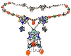 ANTIQUE Sterling CHINESE Silver ENAMEL CORAL TURQ LAVALIER CARNEILIAN NECKLACE