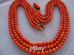 ANTIQUE THREE STRANDS LARGE RED NATURAL MEDITERRANEAN CORAL BEAD NECKLACE 72,2g