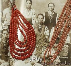 ANTIQUE Ukrainian Folk Costume Necklace natural coral beads ethnic rare old 99gr