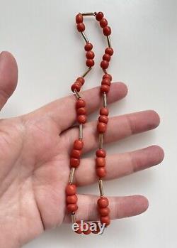 ANTIQUE VICTORIAN 14 CT GOLD CHUNKY RED ORANGE SALMON CORAL NECKLACE 15.75 25g