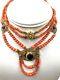 Antique Victorian Old Coral Necklace Cat Eye Operculum Shell & Gilded Brass Long