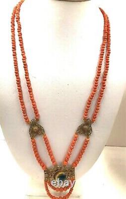 ANTIQUE VICTORIAN OLD CORAL NECKLACE CAT EYE OPERCULUM SHELL & Gilded Brass LONG