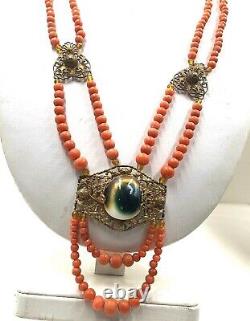 ANTIQUE VICTORIAN OLD CORAL NECKLACE CAT EYE OPERCULUM SHELL & Gilded Brass LONG