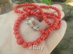 ANTIQUE VINTAGE ART DECO CARVED UNDYED RED CORAL BEAD NECKLACE 17 16.22g