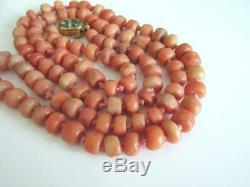ANTIQUE VINTAGE NATURAL SALMON PINK CORAL Large BEADS LONG NECKLACE 36 96 g