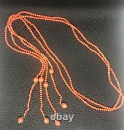 A Quality Vintage Antique Italian Coral 18ct gold Lariat 2 String Necklace