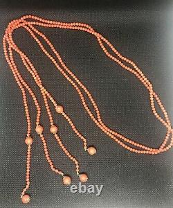 A Quality Vintage Antique Italian Coral 18ct gold Lariat 2 String Necklace