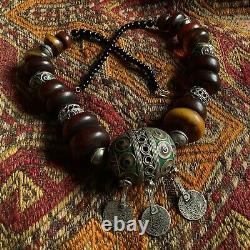 Africa Silver Berber Enamel Ball Bead Amber Necklace Nomad Antique Coin Jewelry